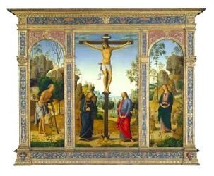 Korsfästelse med Mary och Saint John Evangelist, och Saint Mary Magdalena (höger)